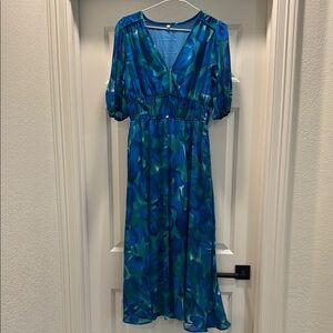 Source Unknown Blue Puff Sleeve V-Neck Sundress